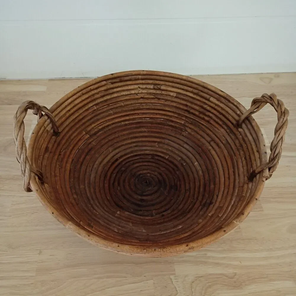 Mid-Century Footed Gabriella Crespi-style Large Pencil Reed Rattan Bowl 14 inch